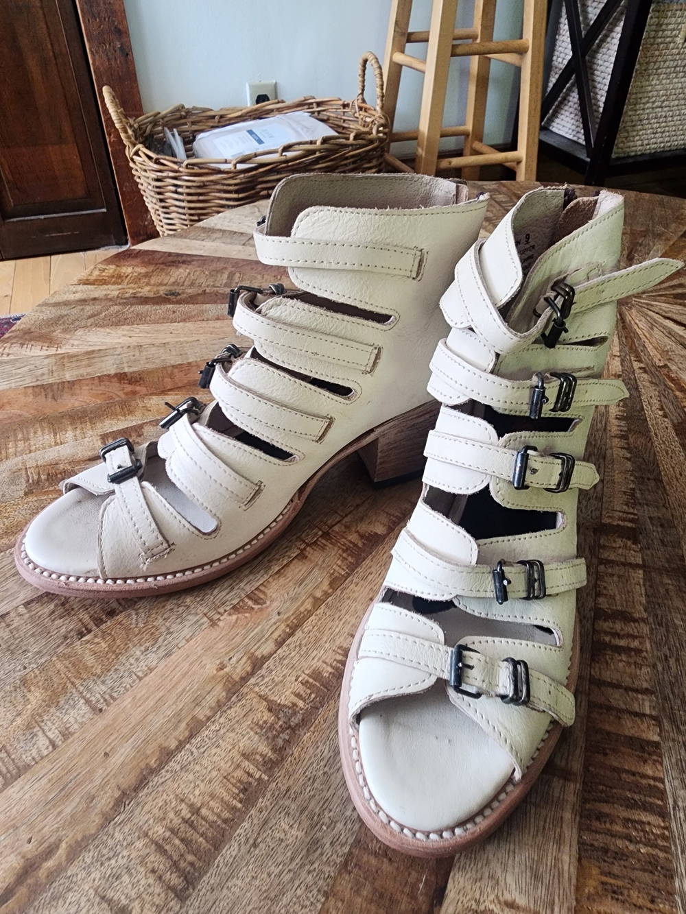 Freebird Quinn Cream Multi-Buckle Strappy Block Heel Sandals